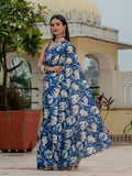 Blue & Multi Floral Printed Ready To Wear Saree with Scalloped Border
