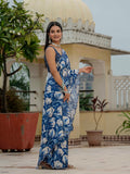 Blue & Multi Floral Printed Ready To Wear Saree with Scalloped Border
