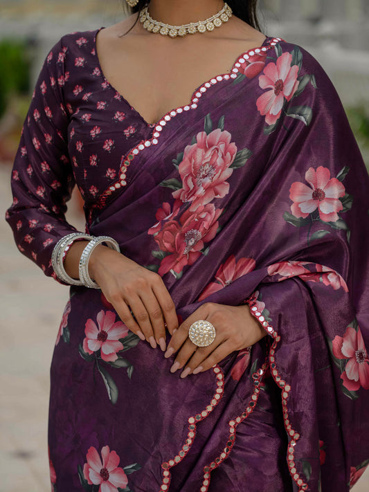 Wine Floral Printed Ready To Wear Saree with Scalloped Border