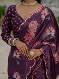 Wine Floral Printed Ready To Wear Saree with Scalloped Border