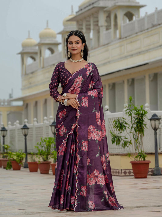 Wine Floral Printed Ready To Wear Saree with Scalloped Border