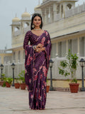 Wine Floral Printed Ready To Wear Saree with Scalloped Border