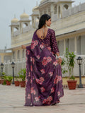 Wine Floral Printed Ready To Wear Saree with Scalloped Border