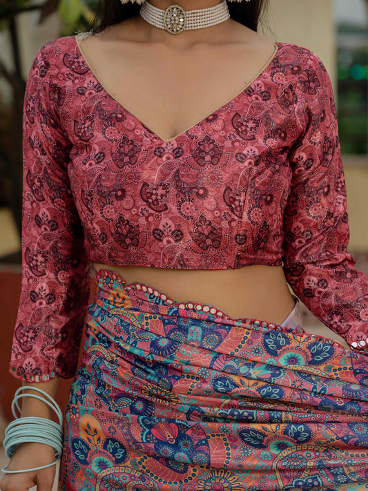 Pink Floral Printed Ready To Wear Saree with Scalloped Border