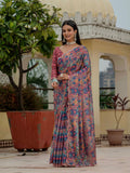 Pink Floral Printed Ready To Wear Saree with Scalloped Border
