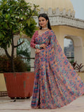 Pink Floral Printed Ready To Wear Saree with Scalloped Border