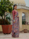 Pink Floral Printed Ready To Wear Saree with Scalloped Border