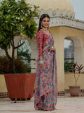 Pink Floral Printed Ready To Wear Saree with Scalloped Border