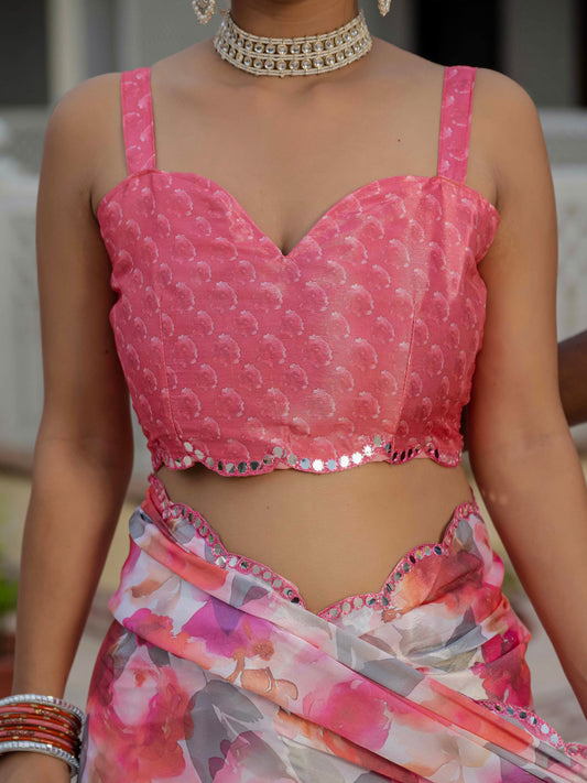 Pink & Multi Floral Printed Ready To Wear Saree with Scalloped Border