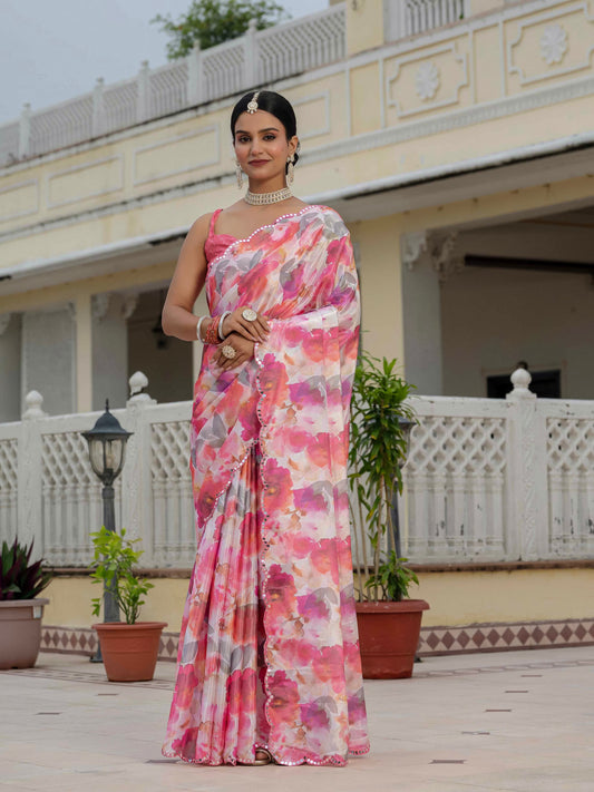 Pink & Multi Floral Printed Ready To Wear Saree with Scalloped Border