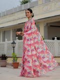 Pink & Multi Floral Printed Ready To Wear Saree with Scalloped Border