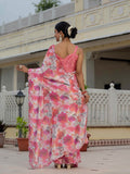 Pink & Multi Floral Printed Ready To Wear Saree with Scalloped Border