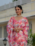 Pink & Multi Floral Printed Ready To Wear Saree with Scalloped Border