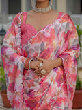 Pink & Multi Floral Printed Ready To Wear Saree with Scalloped Border