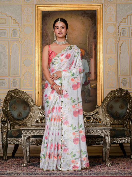 White & Multi Floral Printed Ready To Wear Saree with Scalloped Border