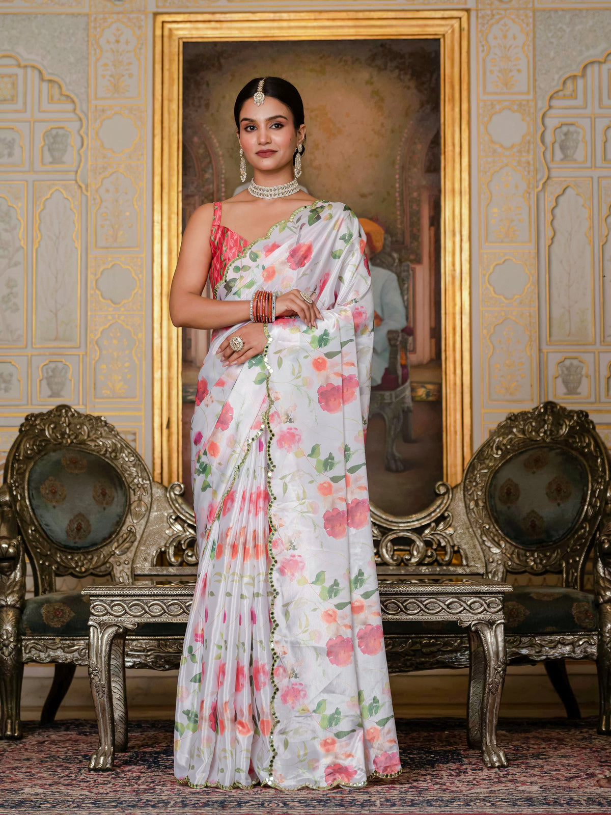 White & Multi Floral Printed Ready To Wear Saree with Scalloped Border