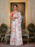 White & Multi Floral Printed Ready To Wear Saree with Scalloped Border