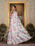 White & Multi Floral Printed Ready To Wear Saree with Scalloped Border