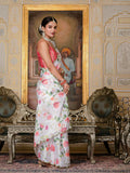 White & Multi Floral Printed Ready To Wear Saree with Scalloped Border