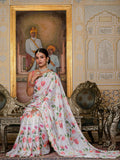 White & Multi Floral Printed Ready To Wear Saree with Scalloped Border