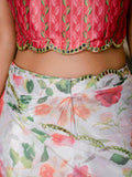 White & Multi Floral Printed Ready To Wear Saree with Scalloped Border