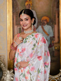 White & Multi Floral Printed Ready To Wear Saree with Scalloped Border