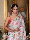 White & Multi Floral Printed Ready To Wear Saree with Scalloped Border