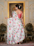 White & Multi Floral Printed Ready To Wear Saree with Scalloped Border