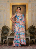 Blue & Multi Floral Printed Ready To Wear Saree with Scalloped Border