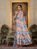 Blue & Multi Floral Printed Ready To Wear Saree with Scalloped Border