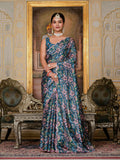 Teal Blue & Multi Floral Printed Ready To Wear Saree with Scalloped Border