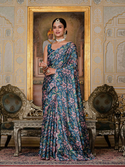 Teal Blue & Multi Floral Printed Ready To Wear Saree with Scalloped Border