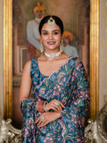 Teal Blue & Multi Floral Printed Ready To Wear Saree with Scalloped Border