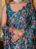 Teal Blue & Multi Floral Printed Ready To Wear Saree with Scalloped Border