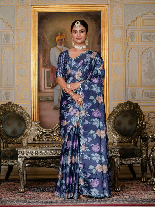 Navy Blue & Multi Floral Printed Ready To Wear Saree with Scalloped Border