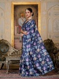Navy Blue & Multi Floral Printed Ready To Wear Saree with Scalloped Border