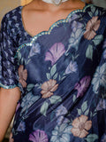 Navy Blue & Multi Floral Printed Ready To Wear Saree with Scalloped Border