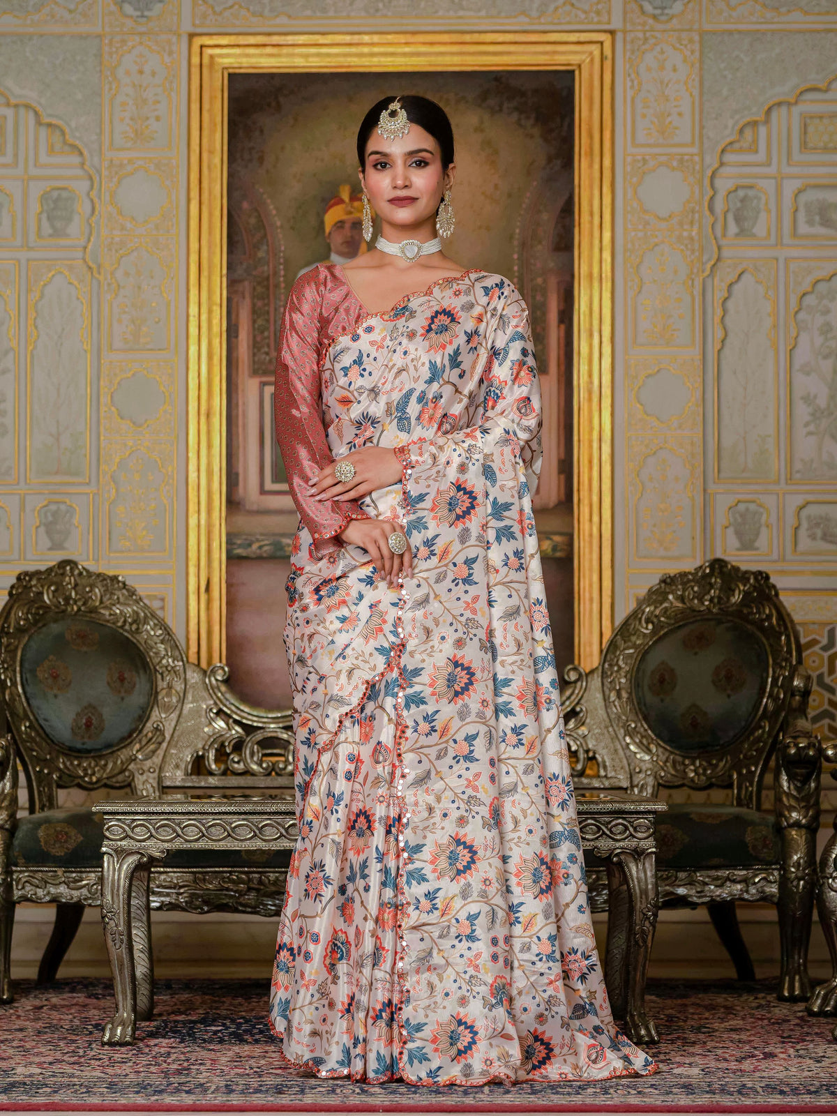 Off White & Multi Floral Printed Ready To Wear Saree with Scalloped Border