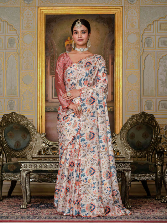 Off White & Multi Floral Printed Ready To Wear Saree with Scalloped Border