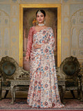 Off White & Multi Floral Printed Ready To Wear Saree with Scalloped Border