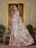 Off White & Multi Floral Printed Ready To Wear Saree with Scalloped Border