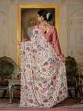 Off White & Multi Floral Printed Ready To Wear Saree with Scalloped Border