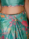 Teal Green Floral Printed Ready To Wear Saree with Scalloped Border
