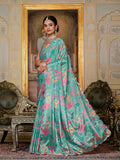 Teal Green Floral Printed Ready To Wear Saree with Scalloped Border