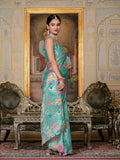 Teal Green Floral Printed Ready To Wear Saree with Scalloped Border