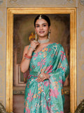 Teal Green Floral Printed Ready To Wear Saree with Scalloped Border