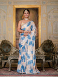 Off White & Multi Floral Printed Ready To Wear Saree with Scalloped Border