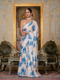 Off White & Multi Floral Printed Ready To Wear Saree with Scalloped Border
