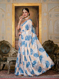 Off White & Multi Floral Printed Ready To Wear Saree with Scalloped Border