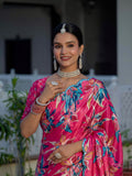 Pink & Multi Floral Printed Ready To Wear Saree with Scalloped Border